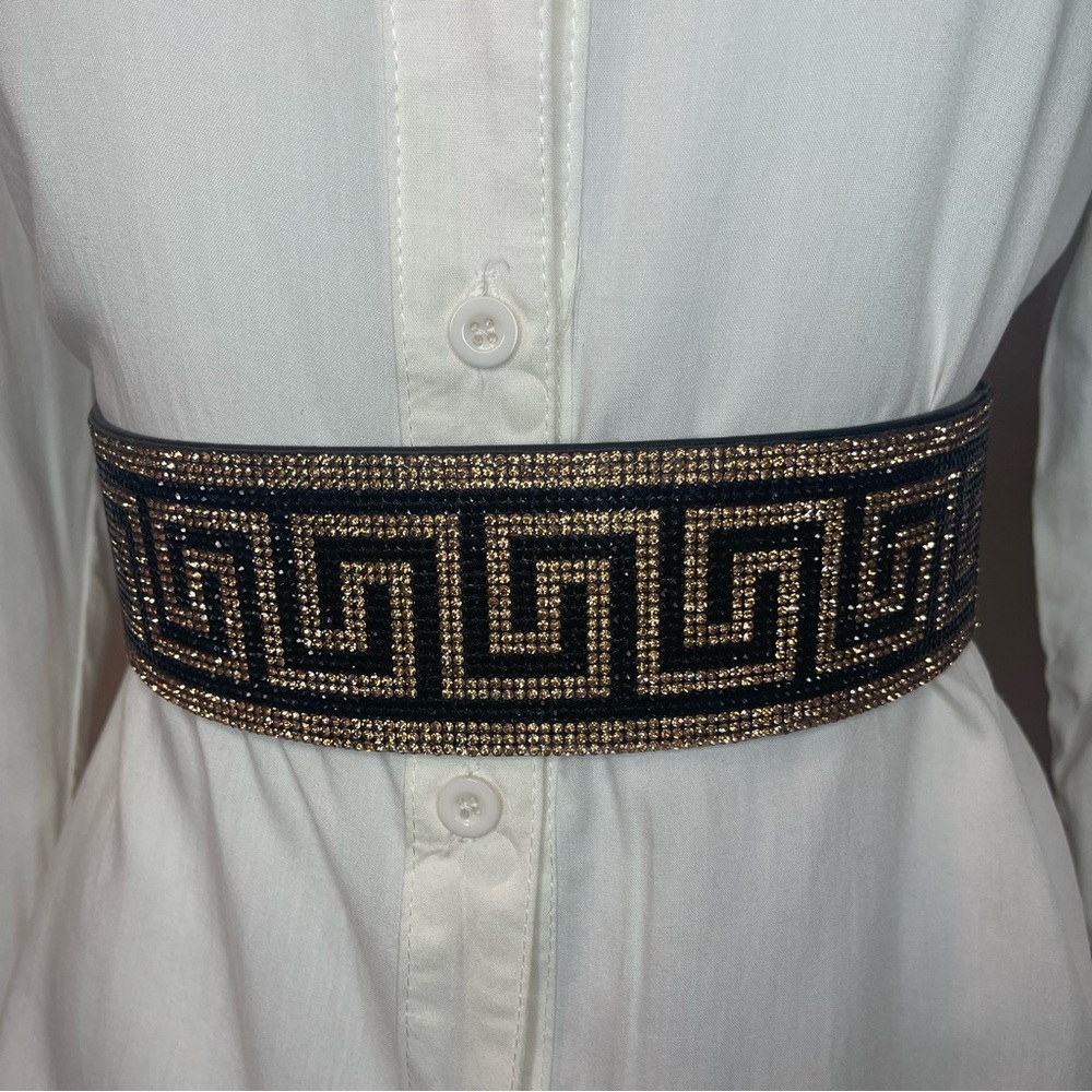 Black and brown rhinestones embellished elastic waistband belt